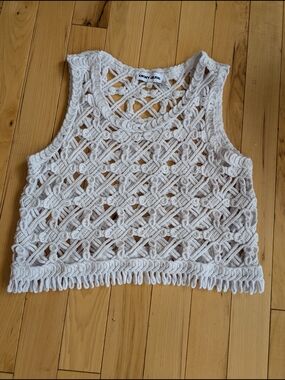 Dkny Cream Macramé Cropped Tank with Fringe Hem